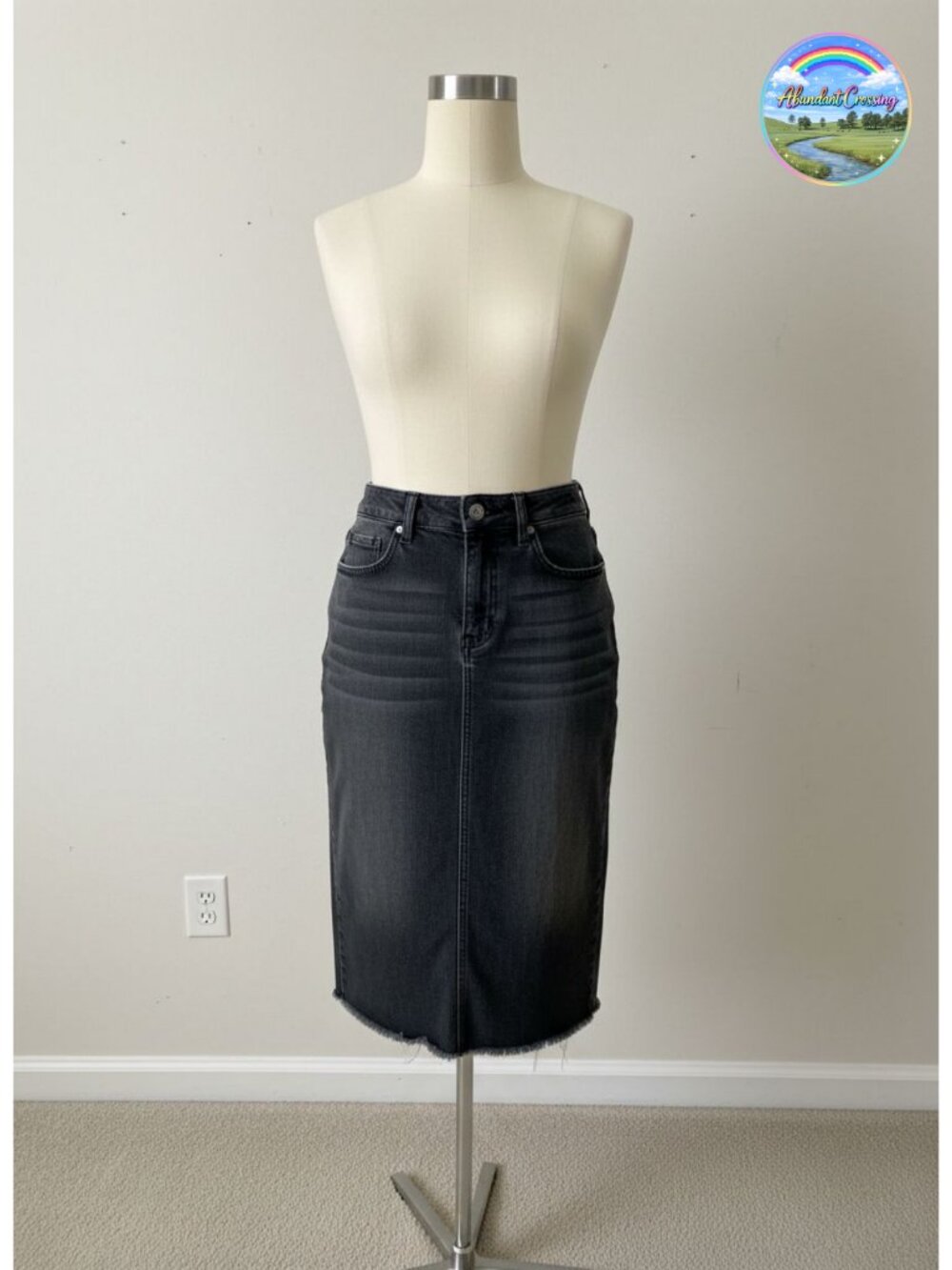 High Waist Raw Hem Midi Denim Jean Skirt A-Line Stretch Cotton Blend